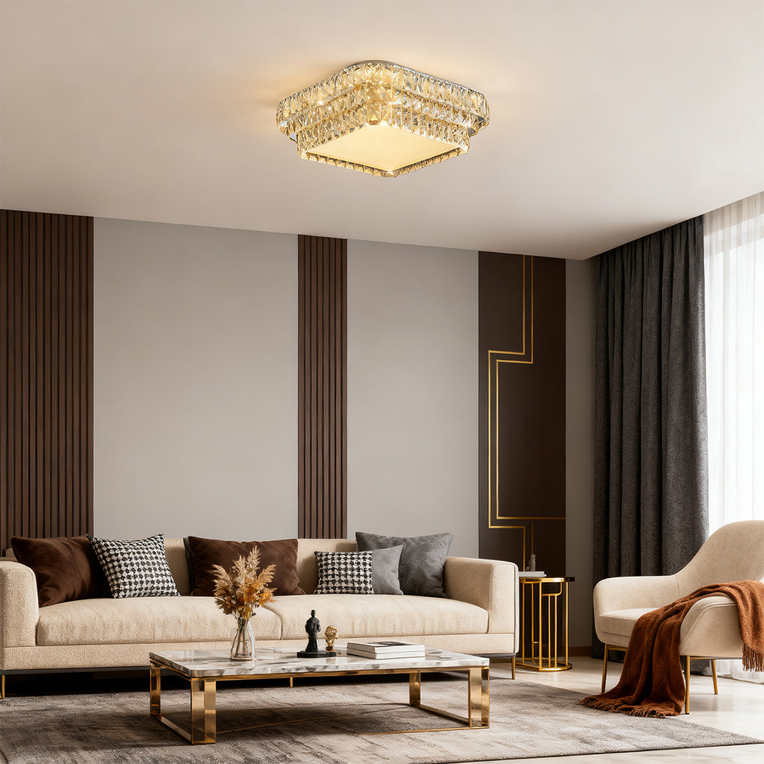 Statement flush mounted LED lights featuring glass shade chandelier influence installed in dramatic dark living room interior.