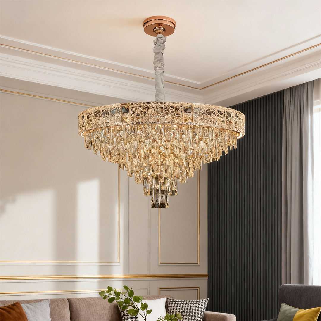Statement large chandelier crystals drops illuminating classic dining area.