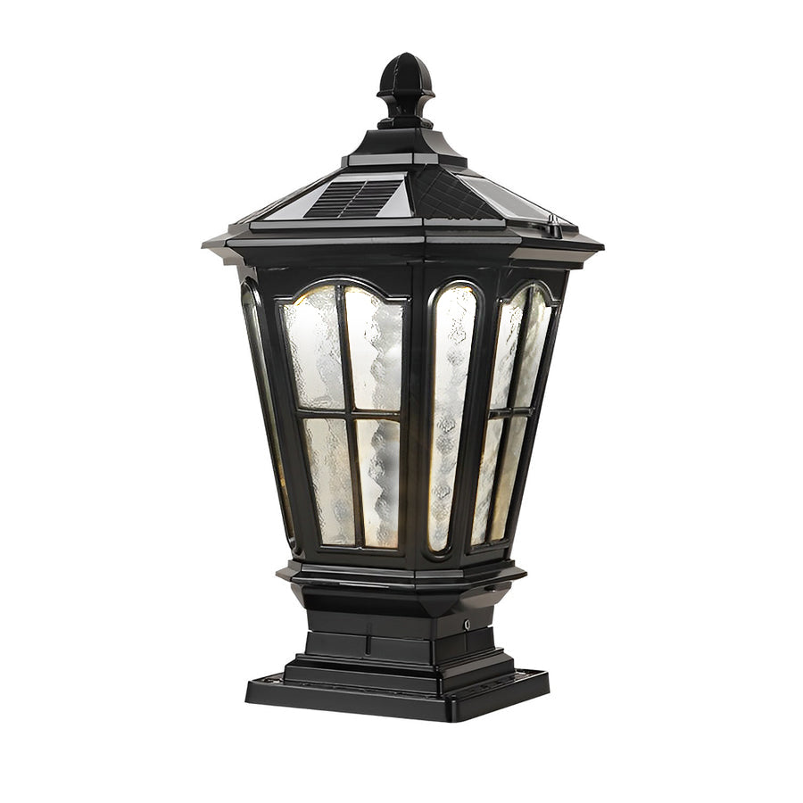 Isolated black stone pillar light fixture with clear glass panels displayed on white background.