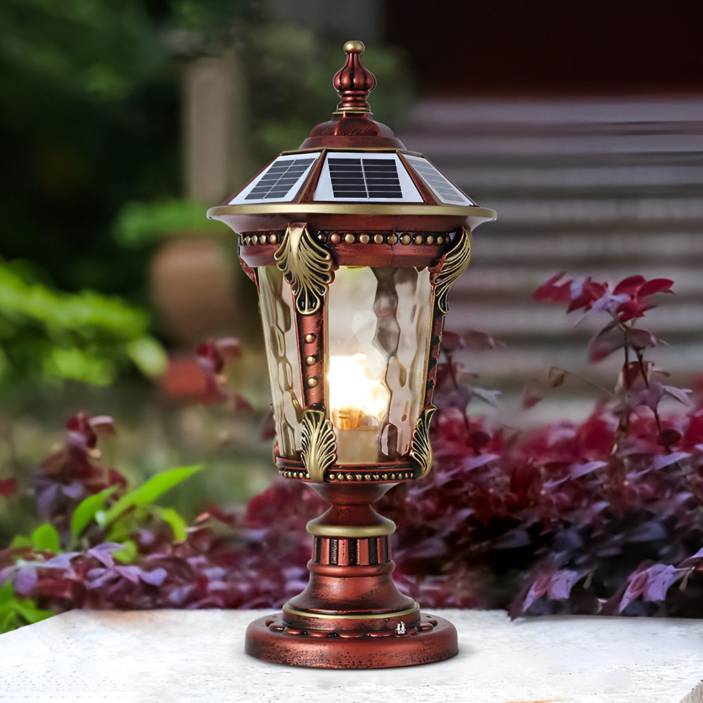 Stone pillar lights in a close-up view, showcasing the intricate design and warm light.