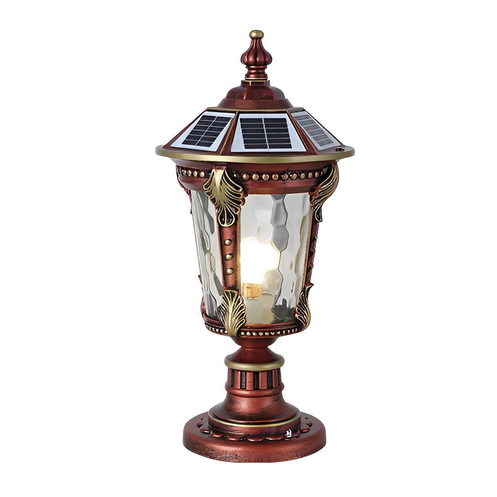 Stone pillar lights detail, emphasizing the ornate metalwork and glass panels.
