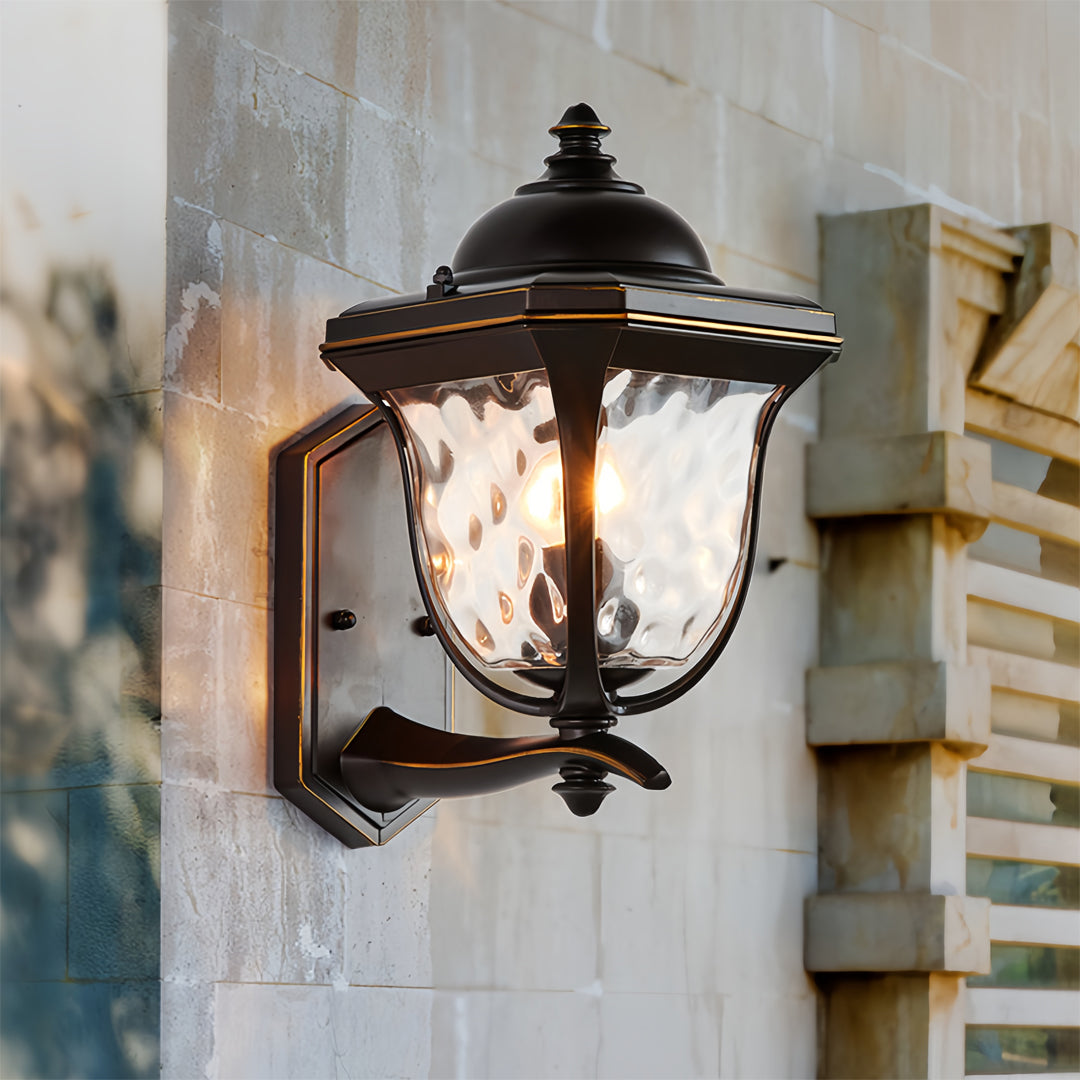 Bright outdoor wall lights illuminating stone wall with textured glass.