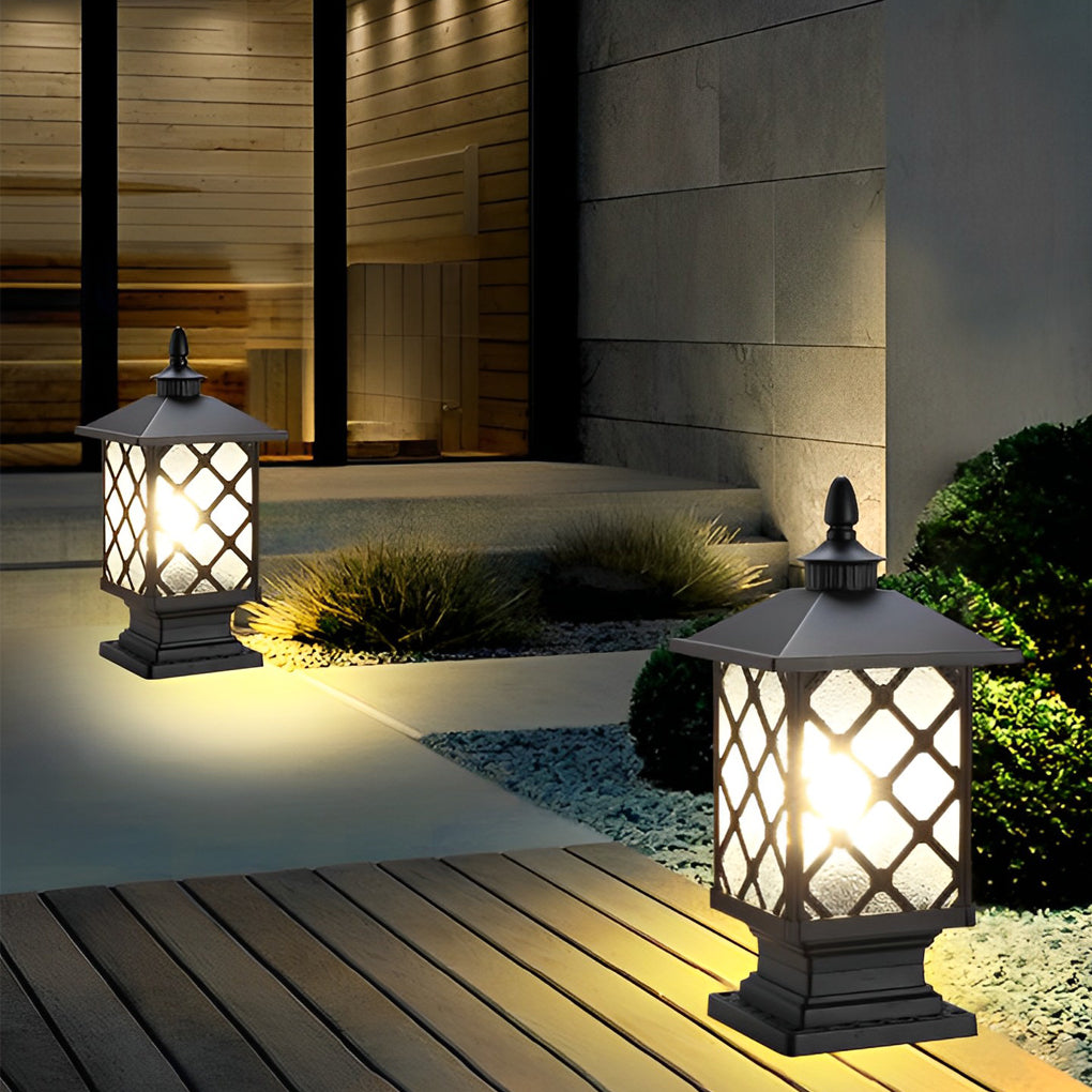 Street light pillar placed along wooden deck walkway for ambient lighting.