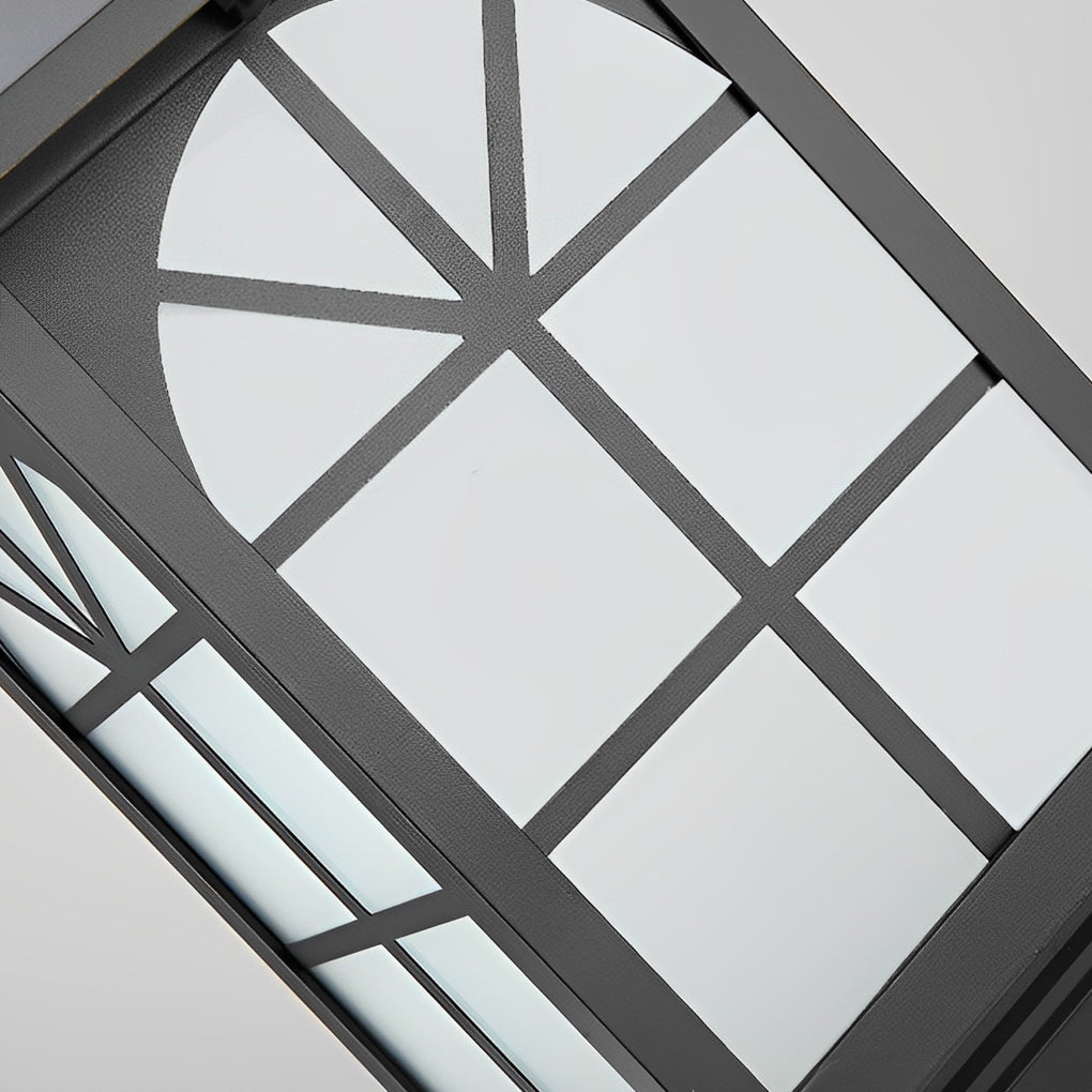 Close up view of street light pillar glass panel and metal frame detail.