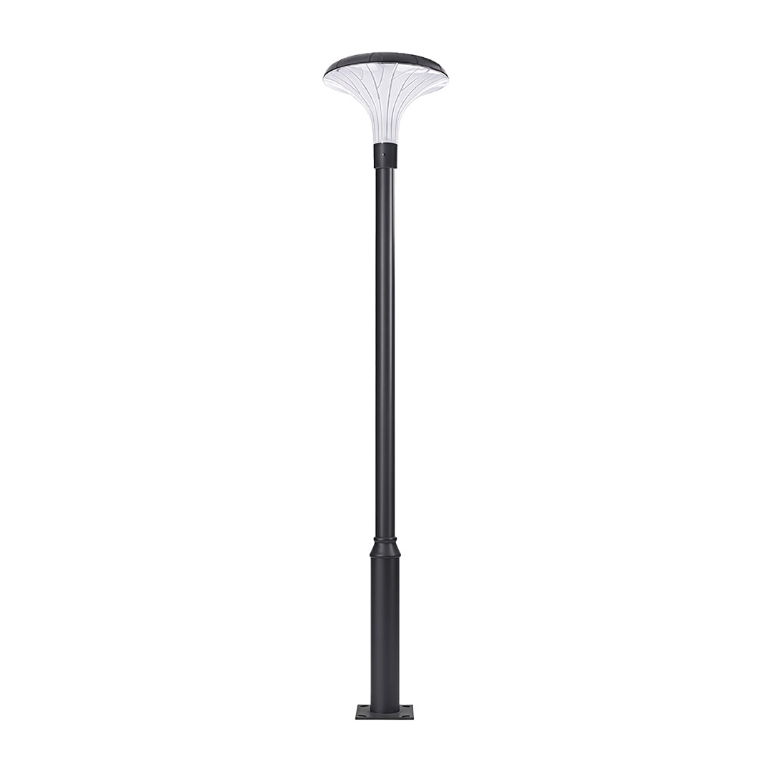 Street lighting fixtures illuminating a scenic pathway through a peaceful residential area.