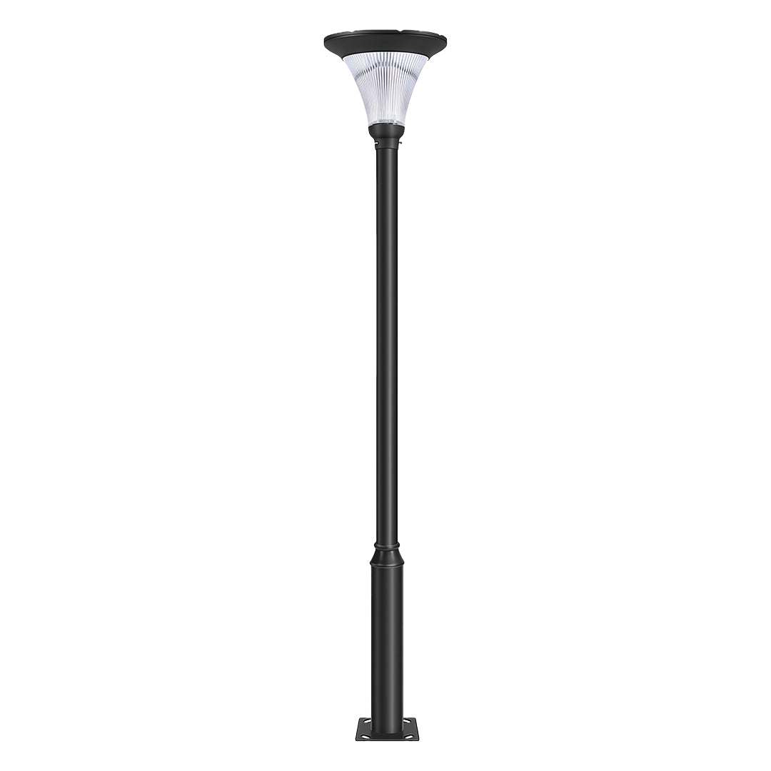 Streetlight by a scenic lake, offering bright lighting for a pedestrian path.