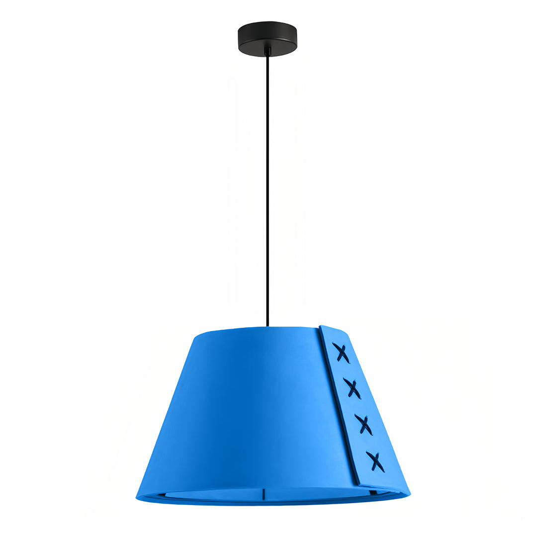 Striking blue felt hanging pendant light with black cord and custom cross-stitch detail