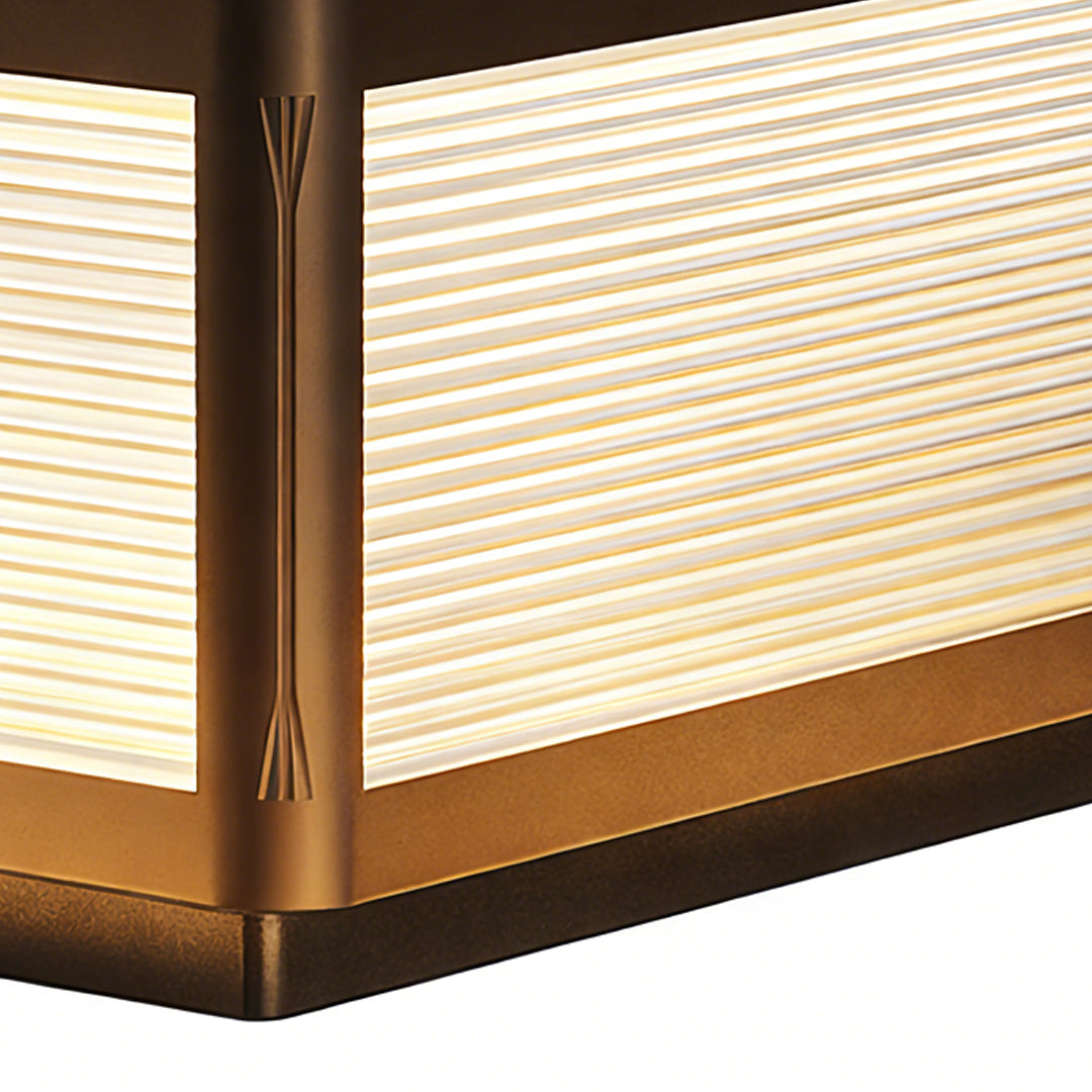Stylish outdoor patio pillar lights with detailed bronze trim and horizontal paneling, ideal for elegant outdoor living spaces.