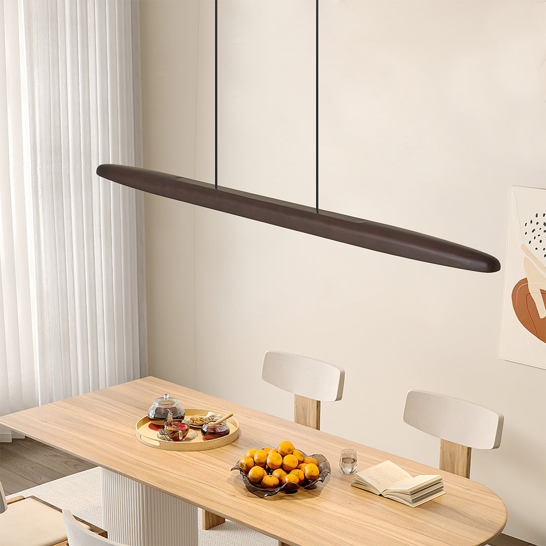 Brighten your interior with linear LED pendant lighting featuring a dark wood finish, offering a sophisticated and energy-efficient lighting solution.