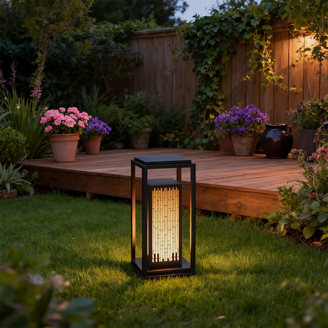 Enhance your patio with a square outdoor lantern, designed with a striated inner diffuser to provide elegant, diffused lighting for a welcoming atmosphere.
