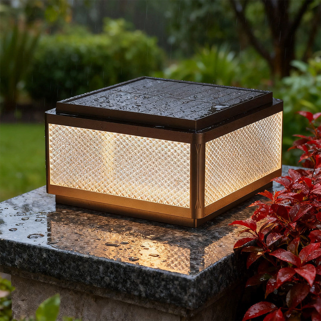 Illuminate your patio with square outdoor pillar lights and wavy textured glass, offering unique style and durable lighting for outdoor pathways and gardens.