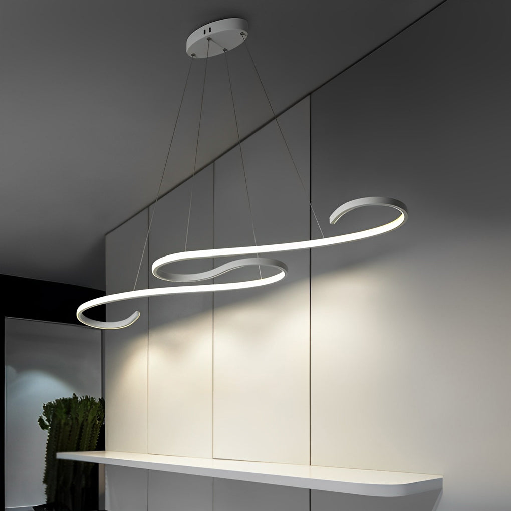 Stylish white chandeliers with dual curved rings, mounted above a kitchen island in a modern home.