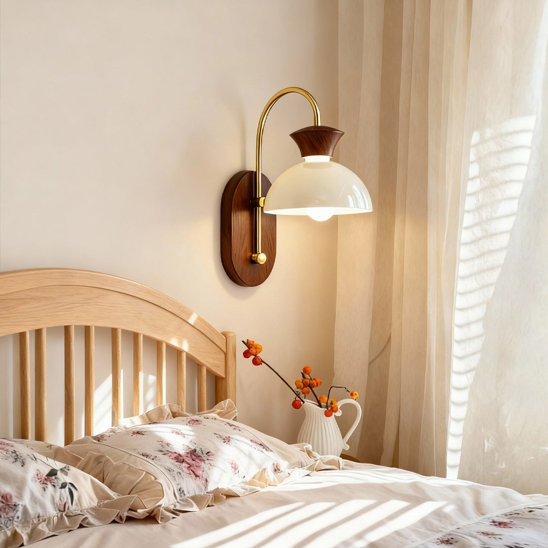 Solar lights outdoor wall mounted near a wooden bed with soft natural light.