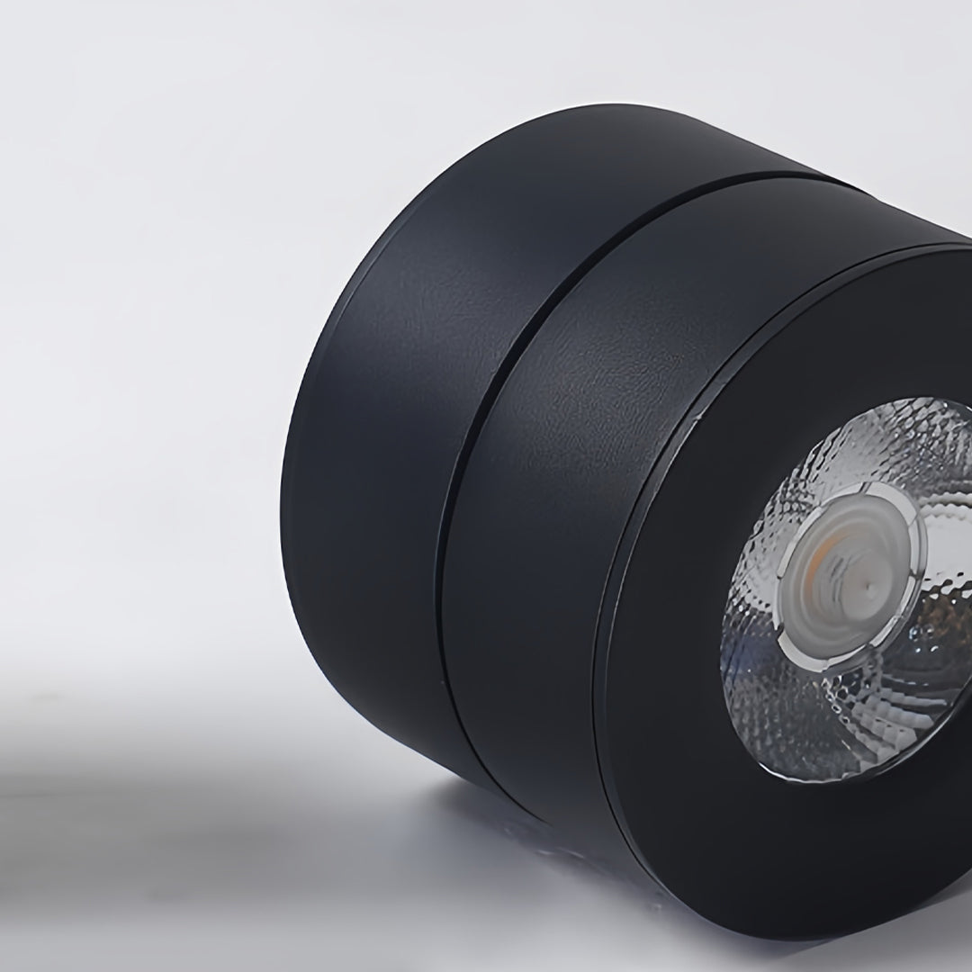 Surface mounted adjustable spotlight with a black finish, showcasing its adjustable head for flexible lighting.
