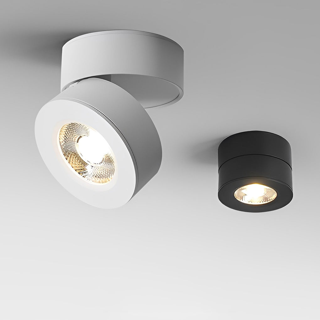 Surface mounted adjustable spotlight with a black finish, providing directional light in a modern interior.