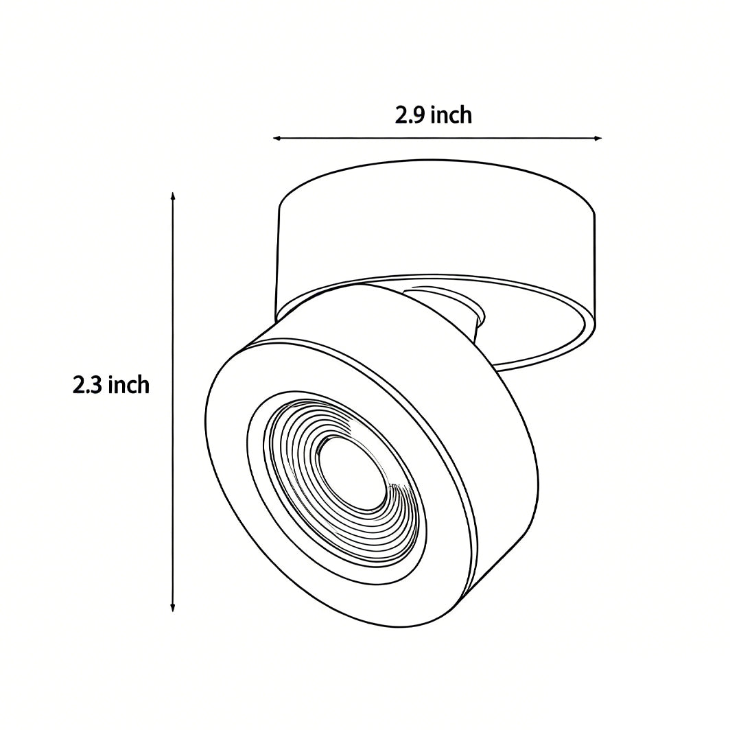 Dimension diagram of surface mounted adjustable spotlights showing various sizes for installation reference.