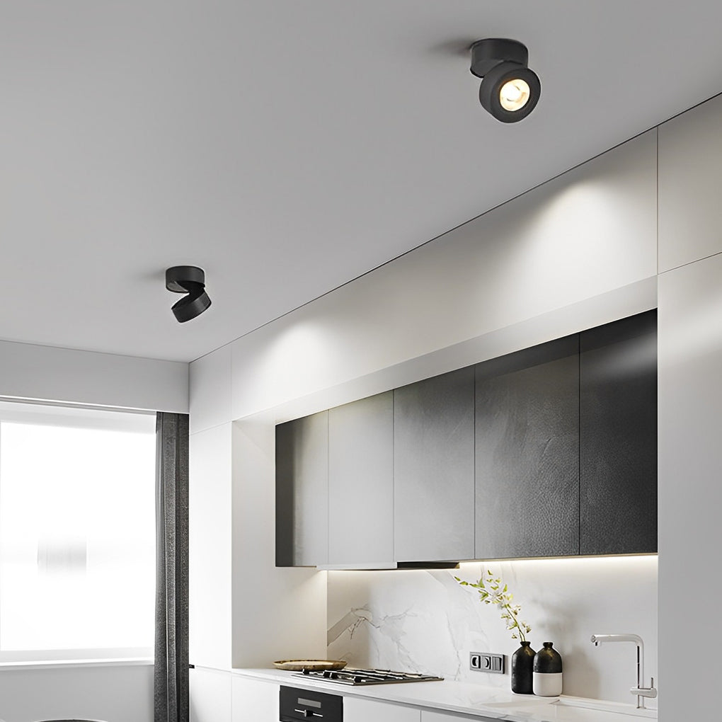 Surface mounted adjustable spotlight in a kitchen, providing focused lighting over the countertop.
