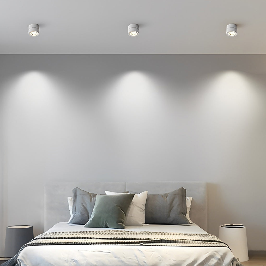 Surface mounted adjustable spotlight with a sleek design, illuminating a contemporary living room.
