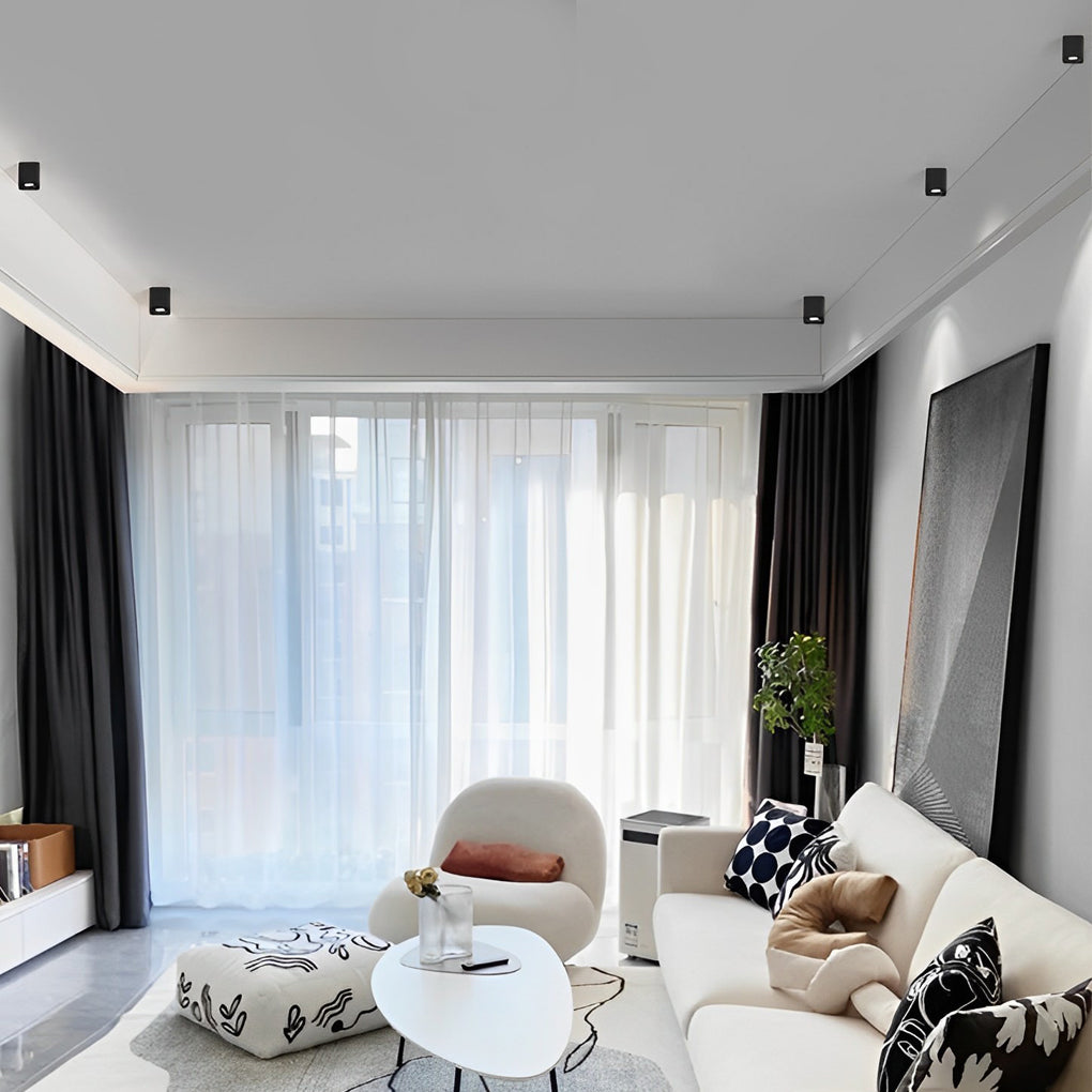 Surface mounted spot light in contemporary living room with ambient lighting.