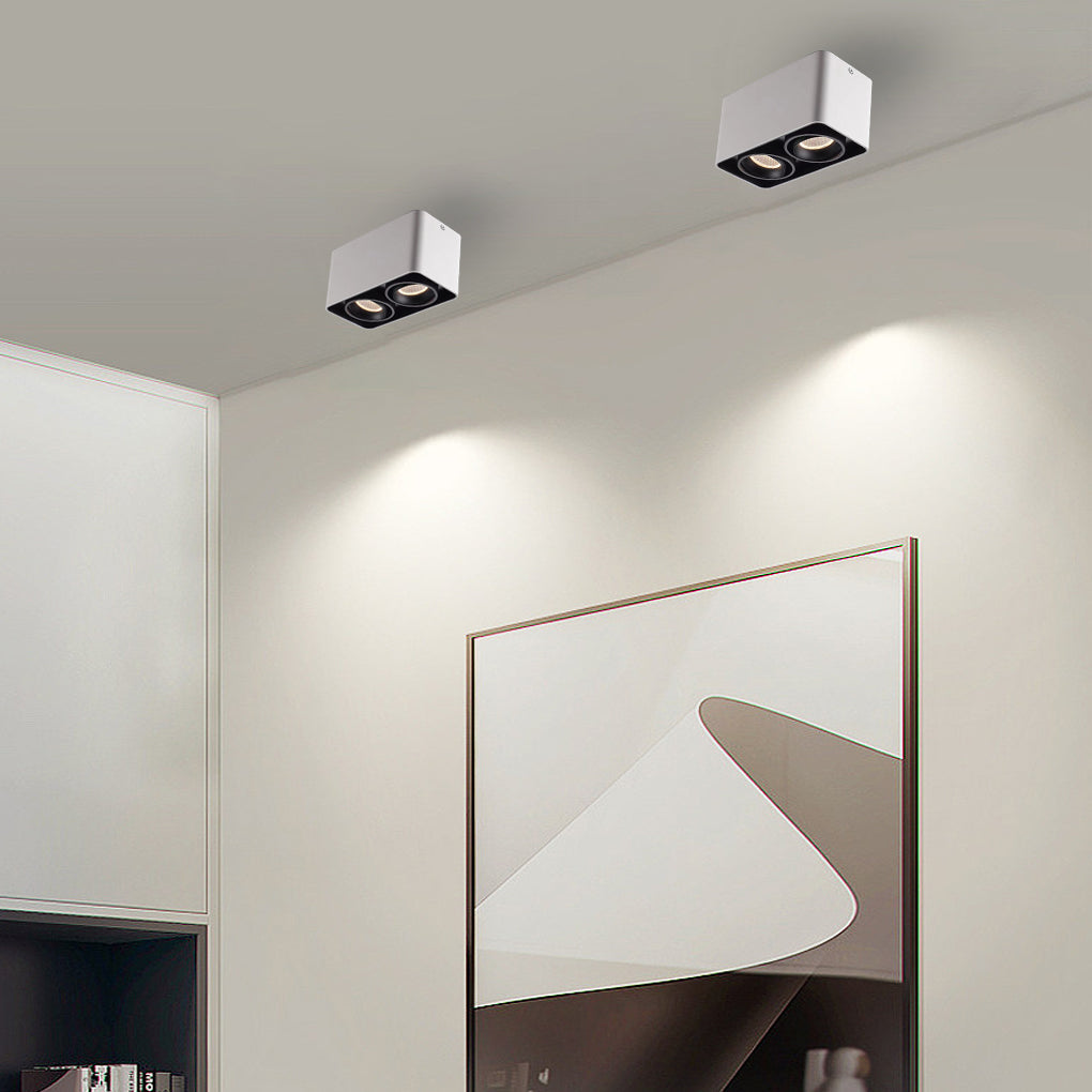Surface mounted spot light installed in modern living room with minimalist decor.