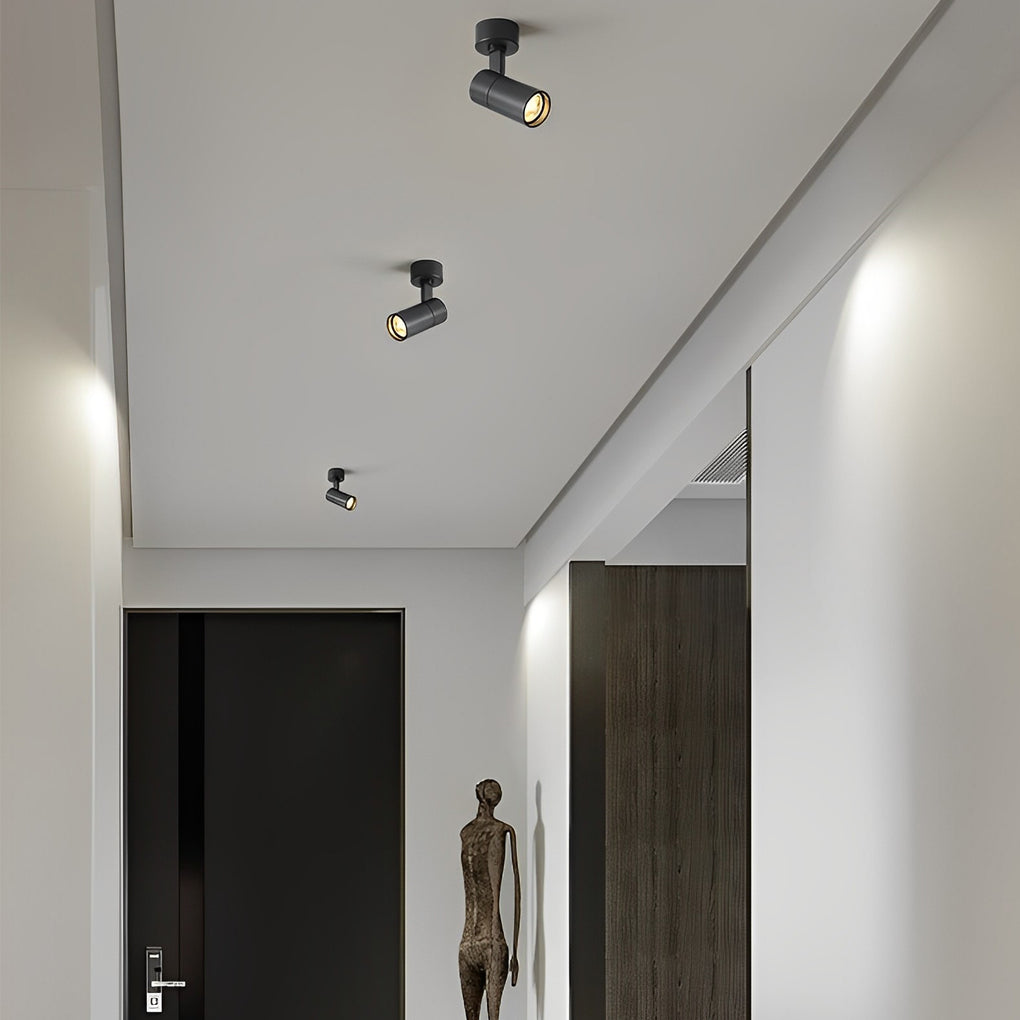 Multiple surface mounted spot light fixtures installed along ceiling in modern hallway.