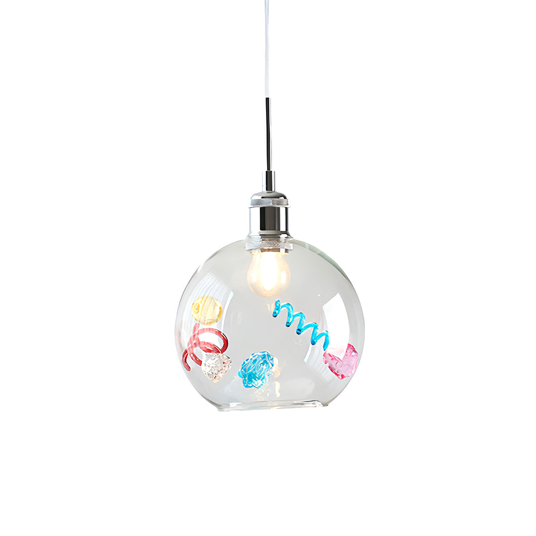 Suspended view of a single unit coloured glass pendant lights on a white background for product listing.