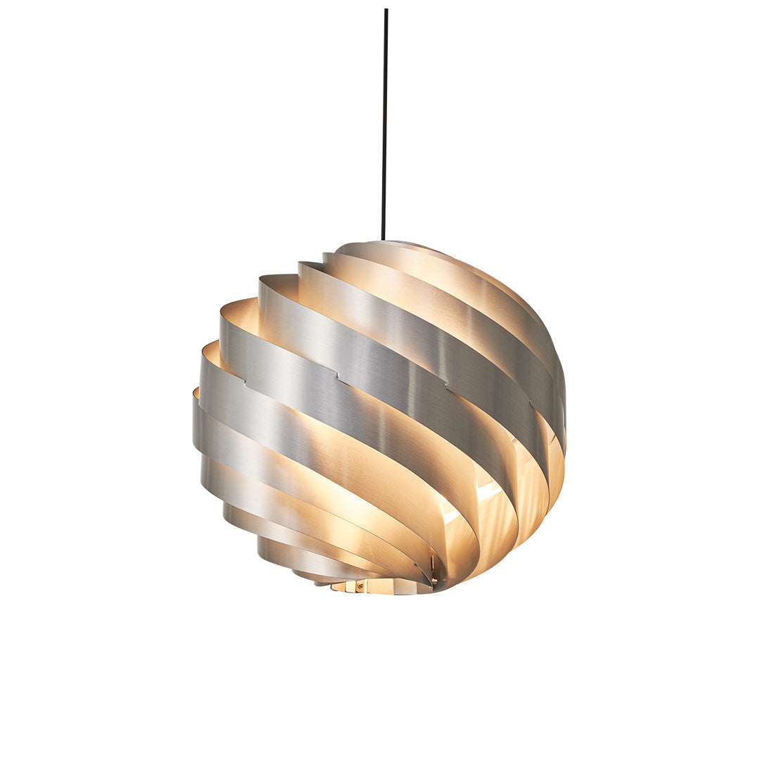 Metallic swirl pendant light with golden inner tones and spiral shade pattern.