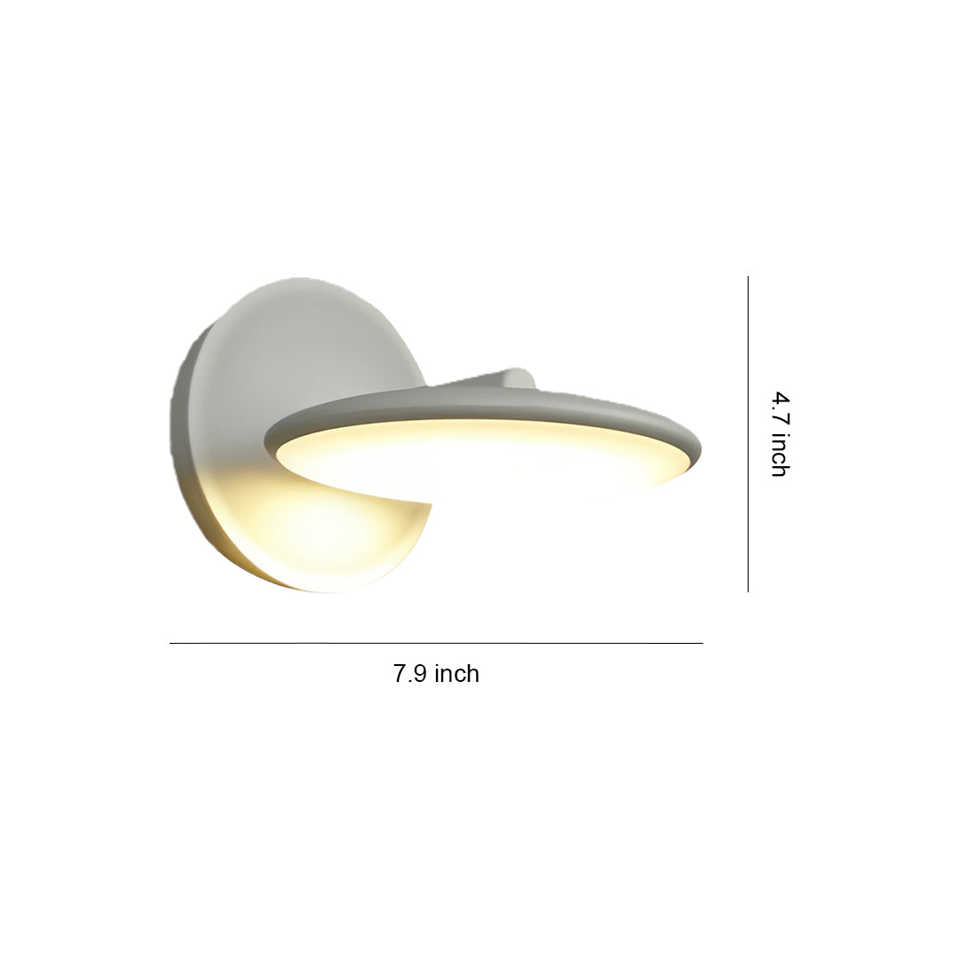 Product specifications showing swivel wall light with curved design in white finish and dimensions