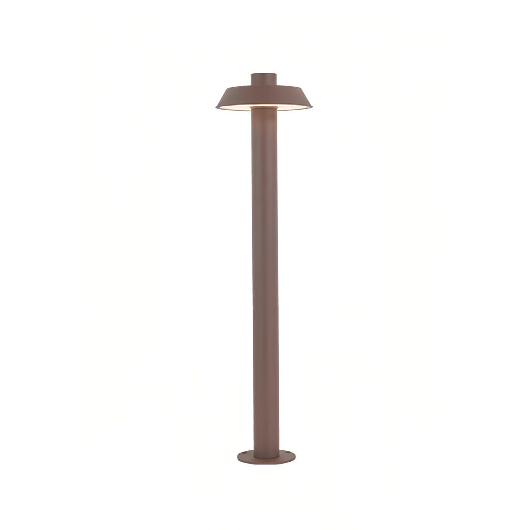 Tall bronze aluminum path lights with a narrow cylindrical body ideal for contemporary walkways.