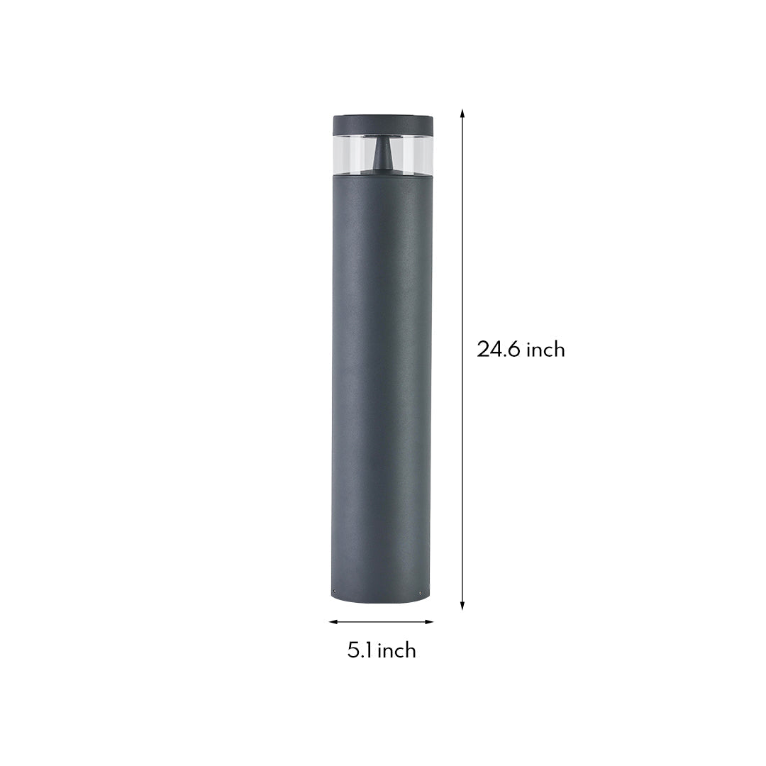 Technical specification drawing of tall cylindrical pathway light outdoor fixture showing dimensions and mounting details