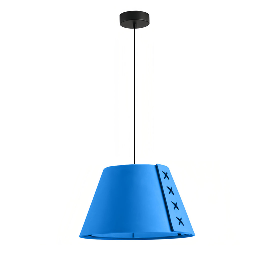 Tapered blue acoustic felt hanging pendant light fixture isolated product shot