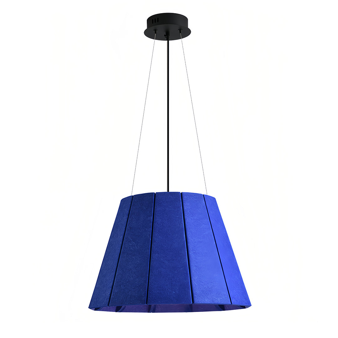 Tapered blue felt industrial pendant light fixture, showcasing the layered material and robust construction.