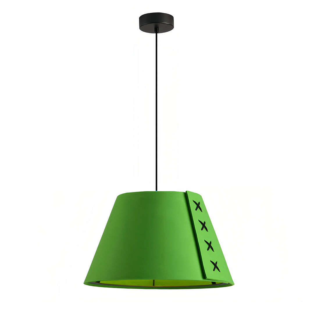 Tapered shade of a bright green hanging pendant light showing the felt material texture