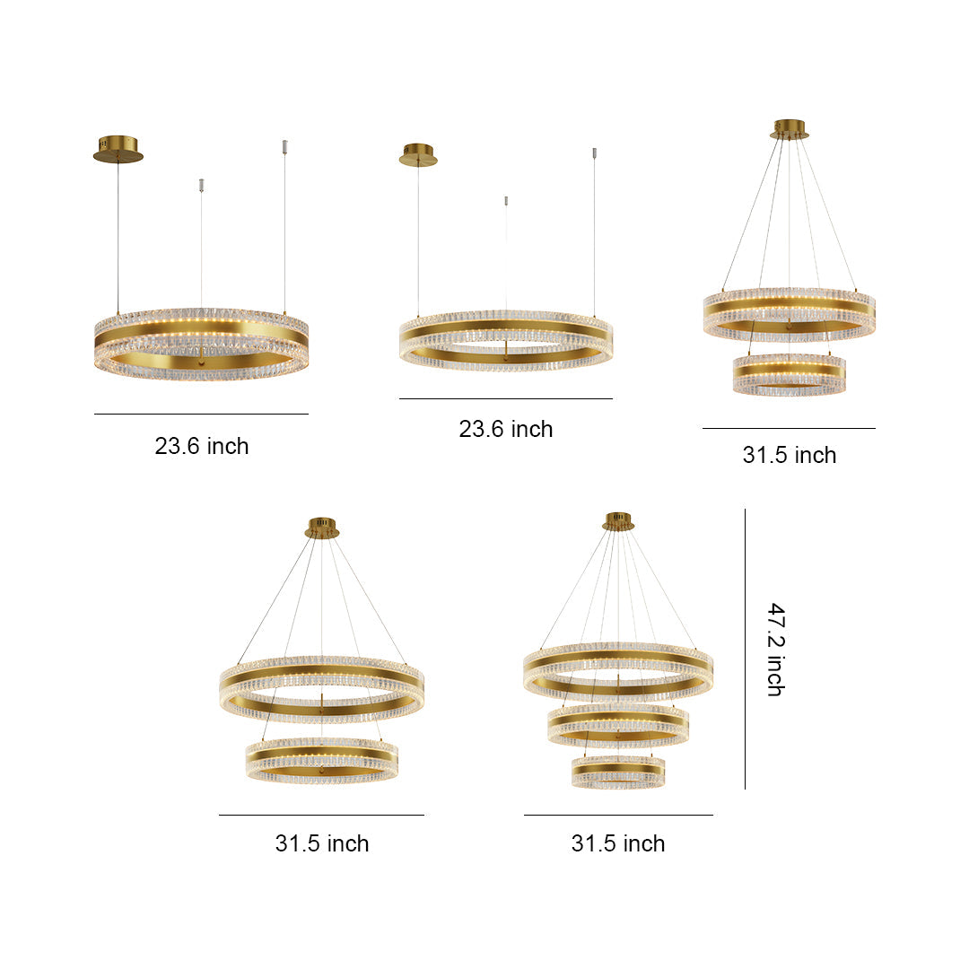 Technical diagram of modern circular chandelier showing dimensions and design specifications.