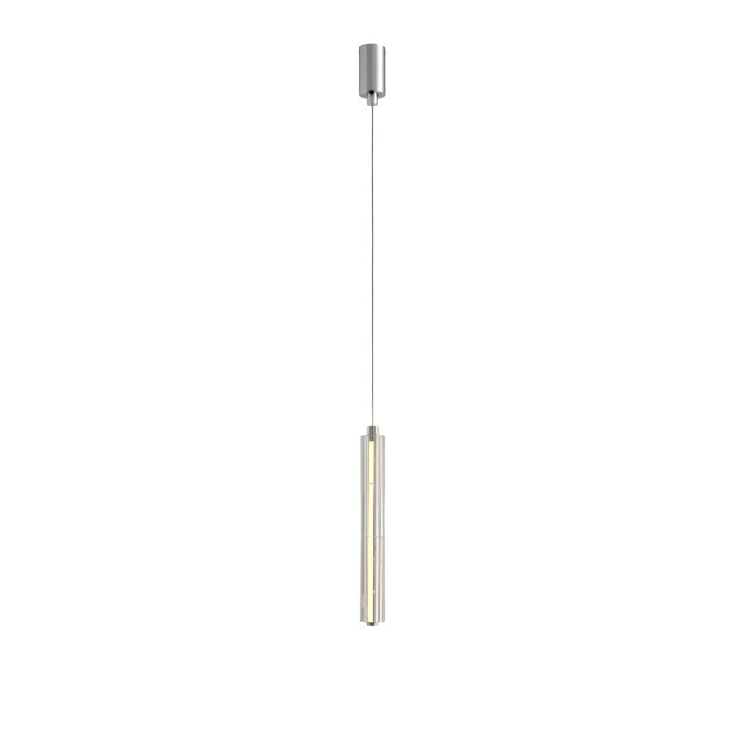 Technical diagram of modern crystal pendant lights showing dimensions and sleek design features.