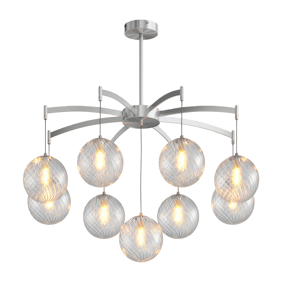 Technical diagram of a modern glass ball chandelier showing dimensions and design details.