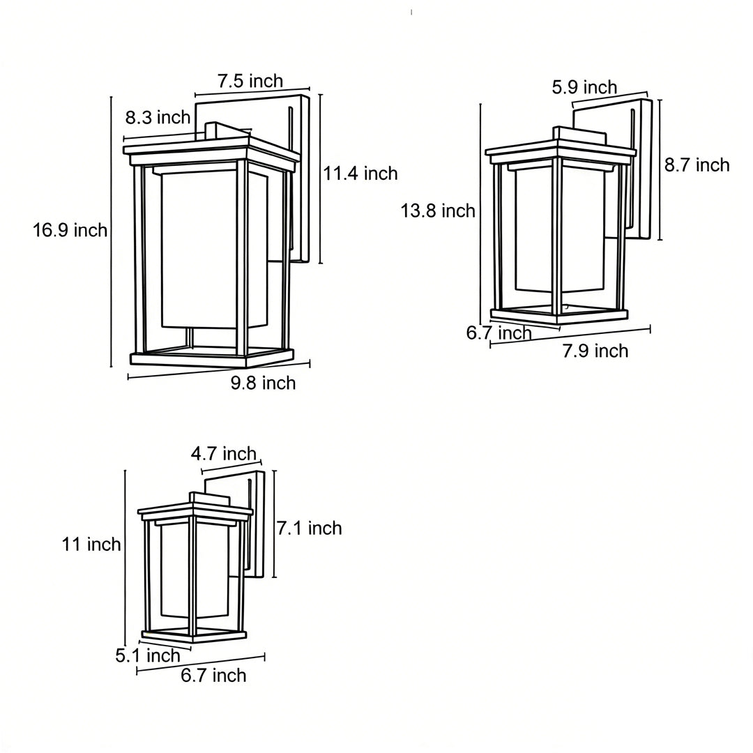 Technical dimension drawing of outdoor wall mounted light, providing detailed measurements for installation.