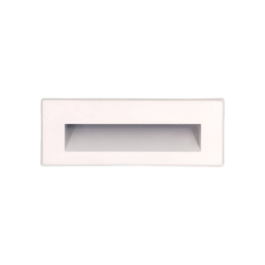 Light colored deck lights for steps with technical drawing showing installation specifications