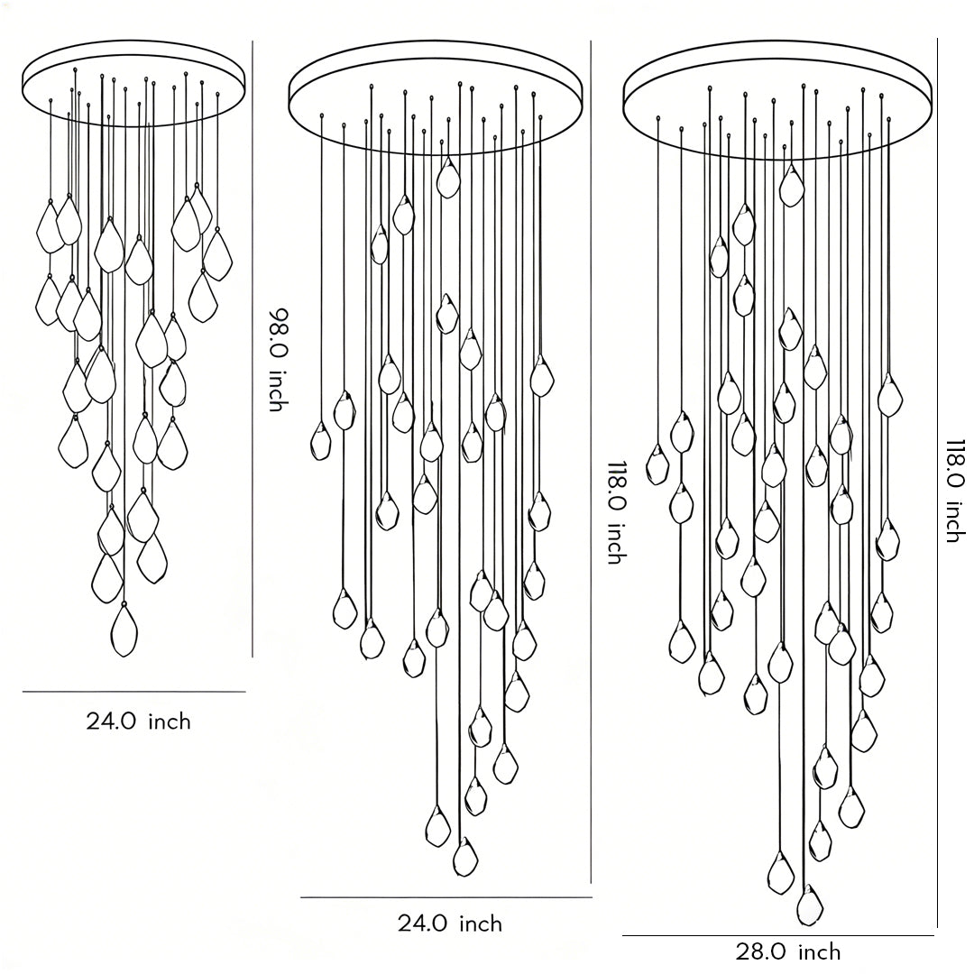 Technical drawings of luxury staircase chandeliers, showcasing various sizes and elegant designs.