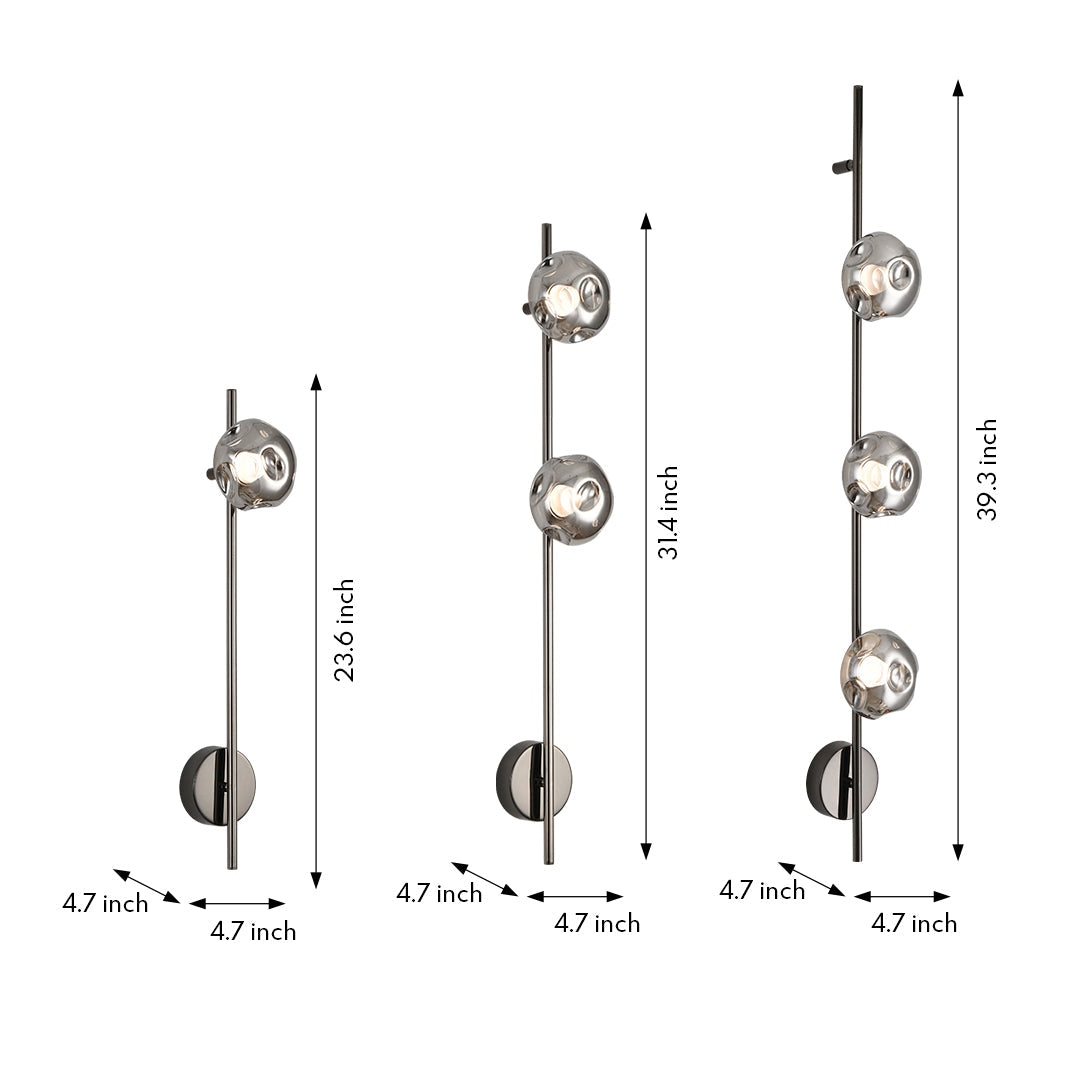 Technical drawing of indoor wall mounted lights showing vertical arrangement with multiple spherical glass shades