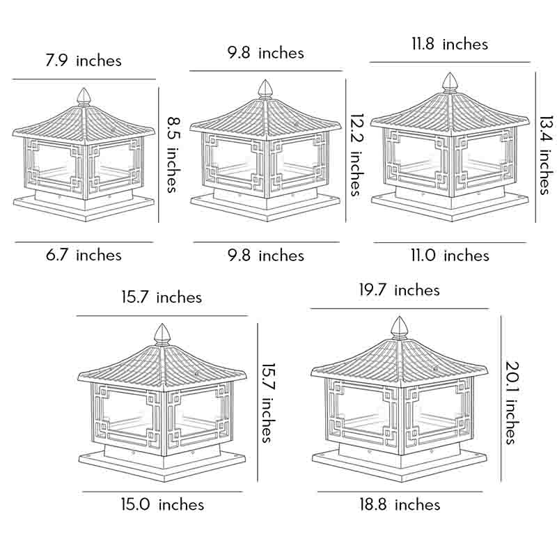 Technical size chart for outdoor garden pillar lights showing five dimension options perfectly.