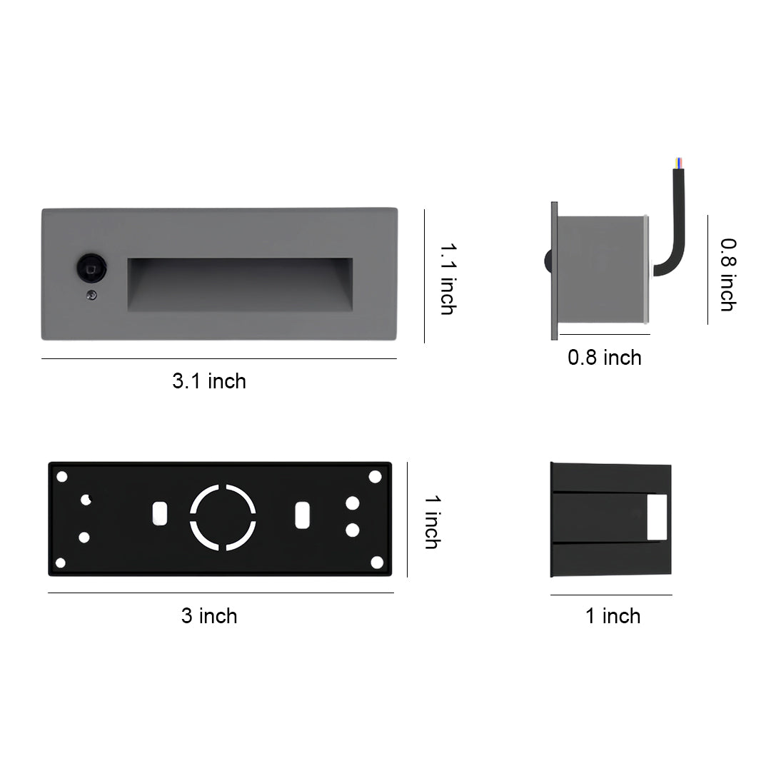 Technical specifications for deck lights for steps showing dimensional drawings and mounting details