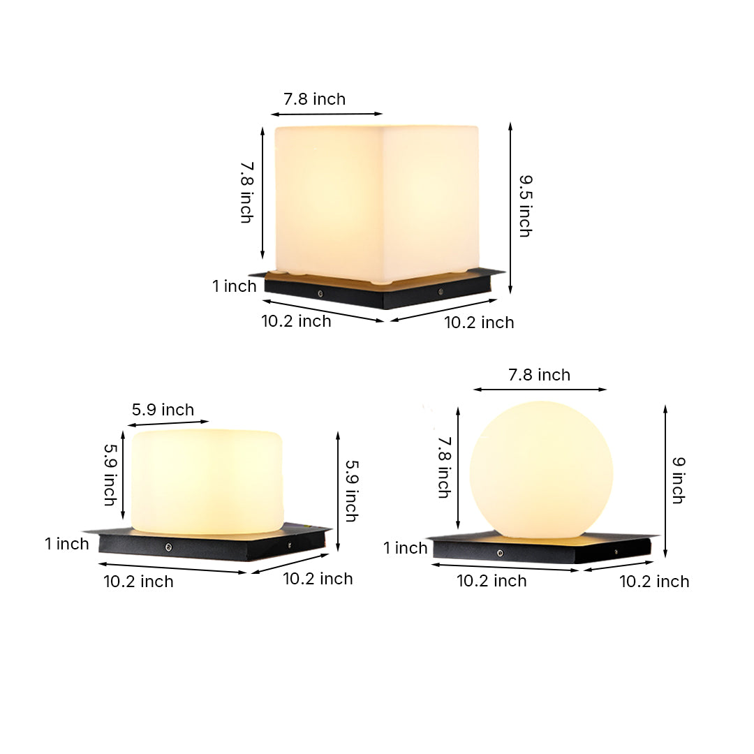 Silver Metal Table Lamp technical specifications diagram showing multiple size options and dimensions for modern pillar lighting