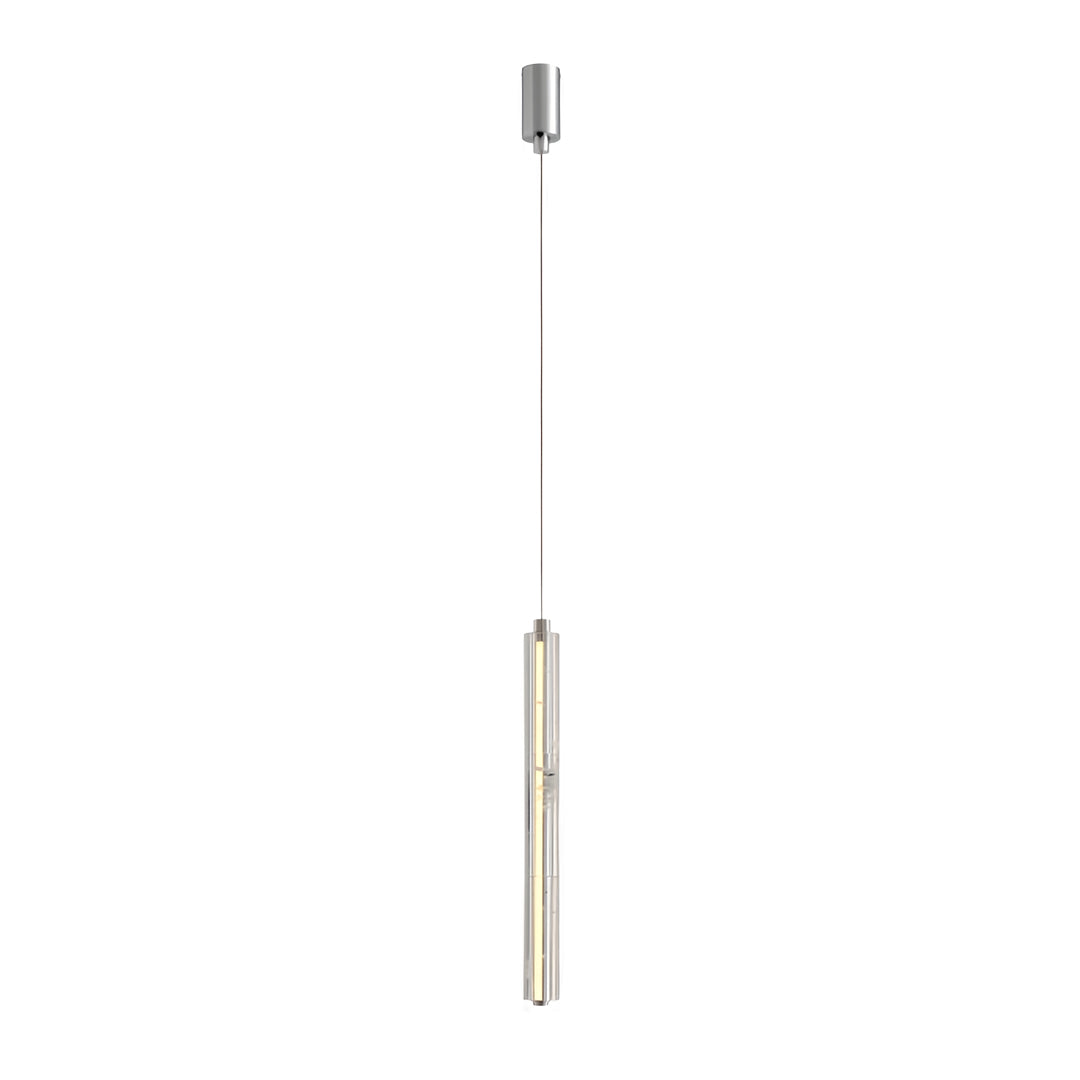 Three modern crystal pendant lights with varying lengths, displayed with their dimensions for reference.