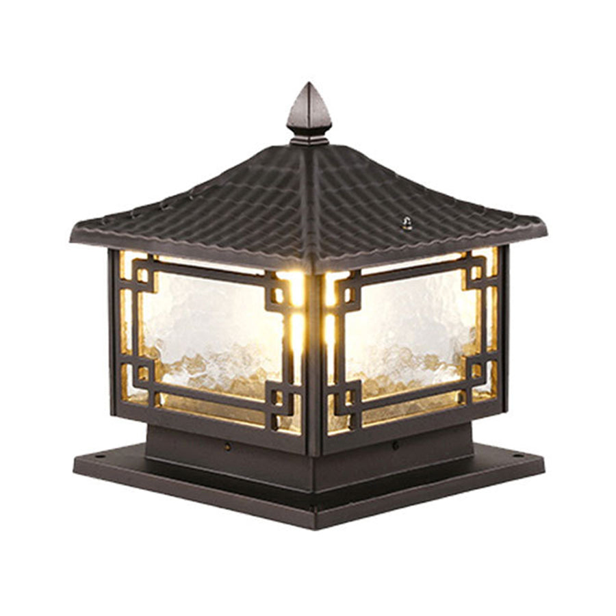 Three outdoor garden pillar lights in different sizes, ideal for versatile garden lighting installations.