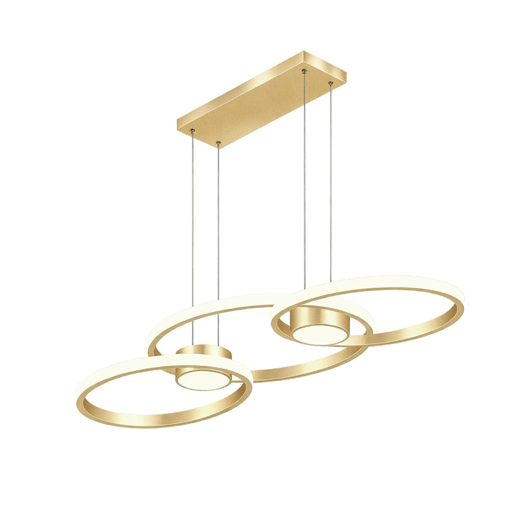 Stylish gold chandelier lamp featuring three circular rings, contemporary pendant lighting fixture