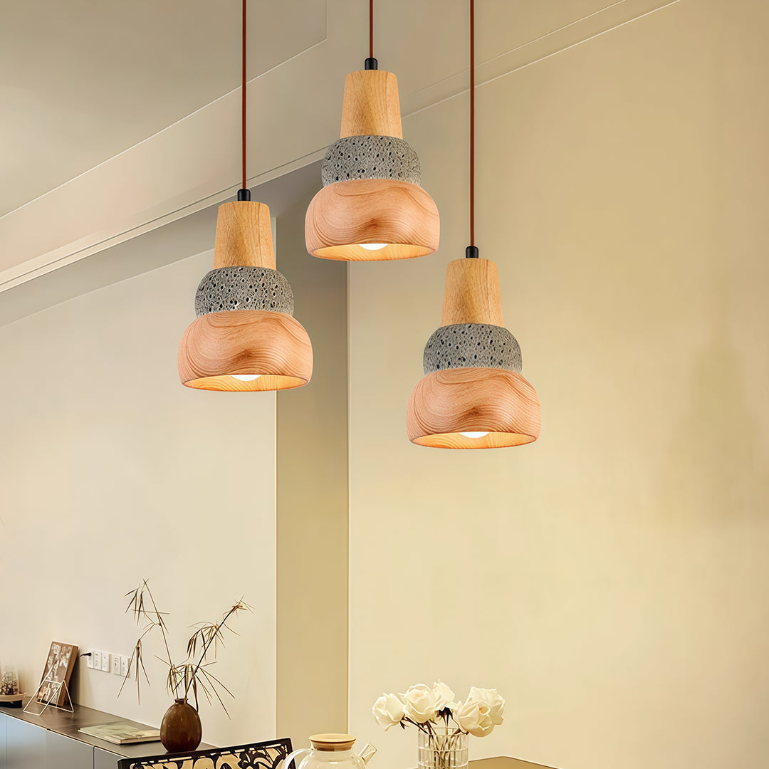 Wood pendant lighting with a natural woven texture, adding character and warmth to a modern interior.