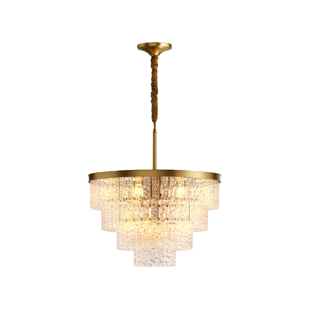 Luxury modern forms chandelier with tiered brass frame and cascading textured glass rods.
