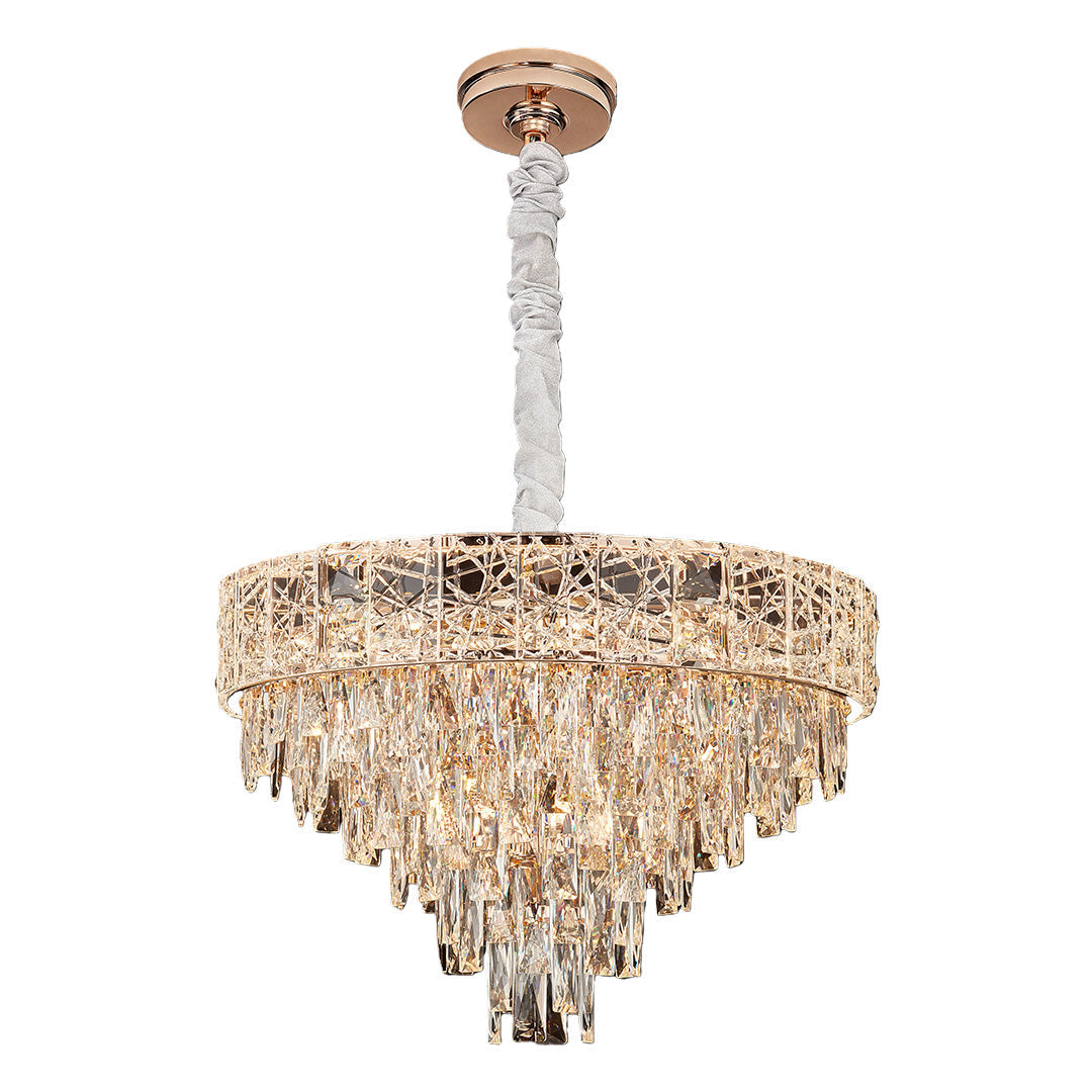 Tiered luxury large chandelier crystals featuring gold finish and faceted hanging crystals.