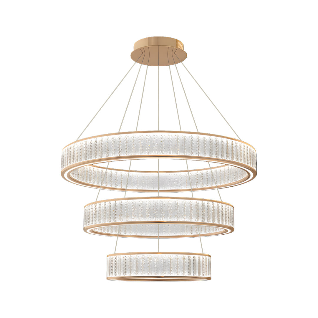 Tiered large crystal chandeliers presenting triple-ring design with graduated sizes and crystal glass panel elements